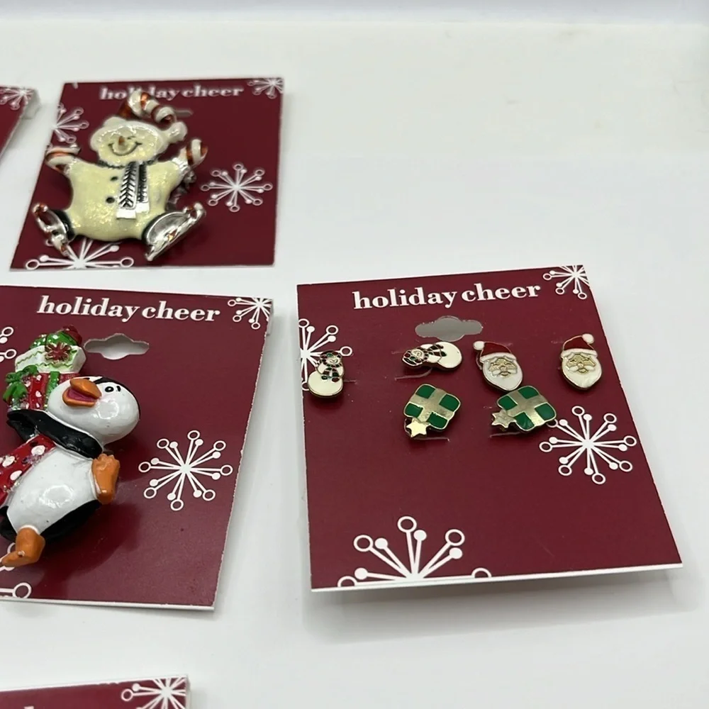 Christmas Brooches 5 and Set  and 1 Set Earrings Snowman Bell Penguin Angel Pins